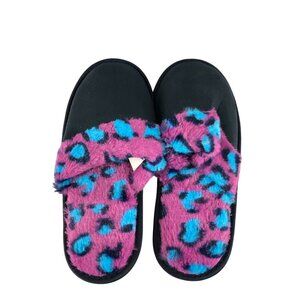 Fluff'm Womens Slippers Slides Faux Fur Leopard Print Black Purple Blue Size 5/6